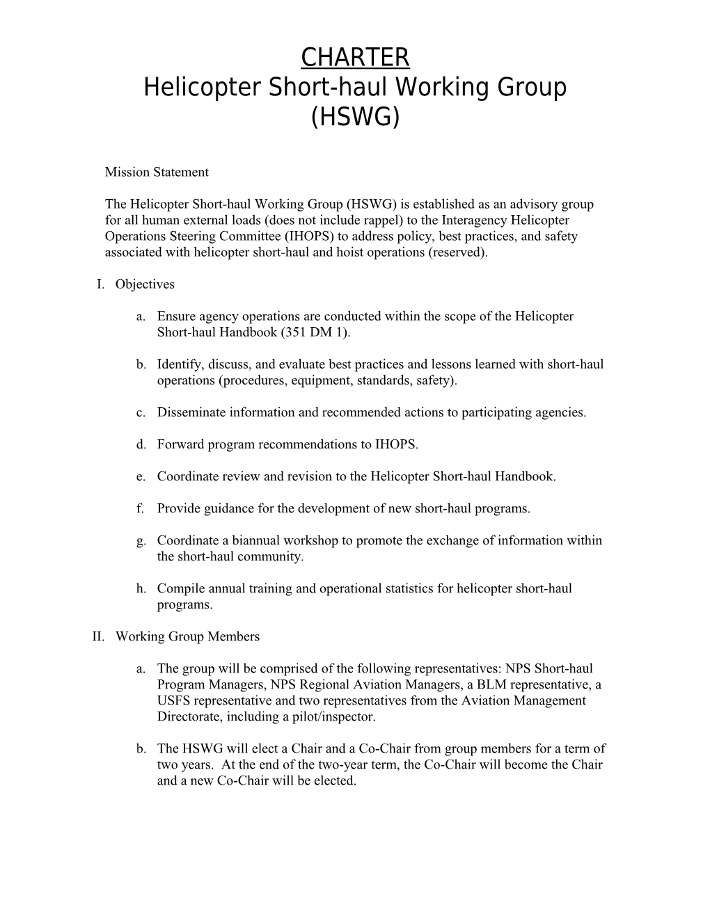 Helicopter Short-Haul Working Group (HSWG)