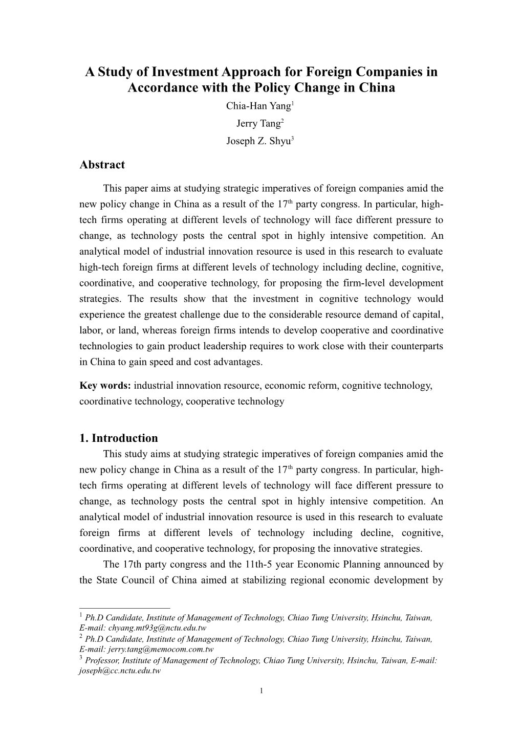 Development Strategy of Taiwanese Firms in Response to the 11Th-5 Year Planning of China