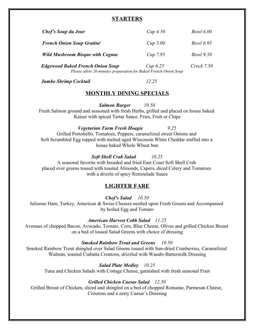 Edgewood Country Club Lunch Menu