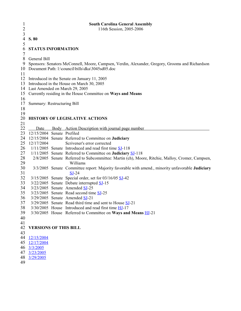 2005-2006 Bill 80: Restructuring Bill - South Carolina Legislature Online