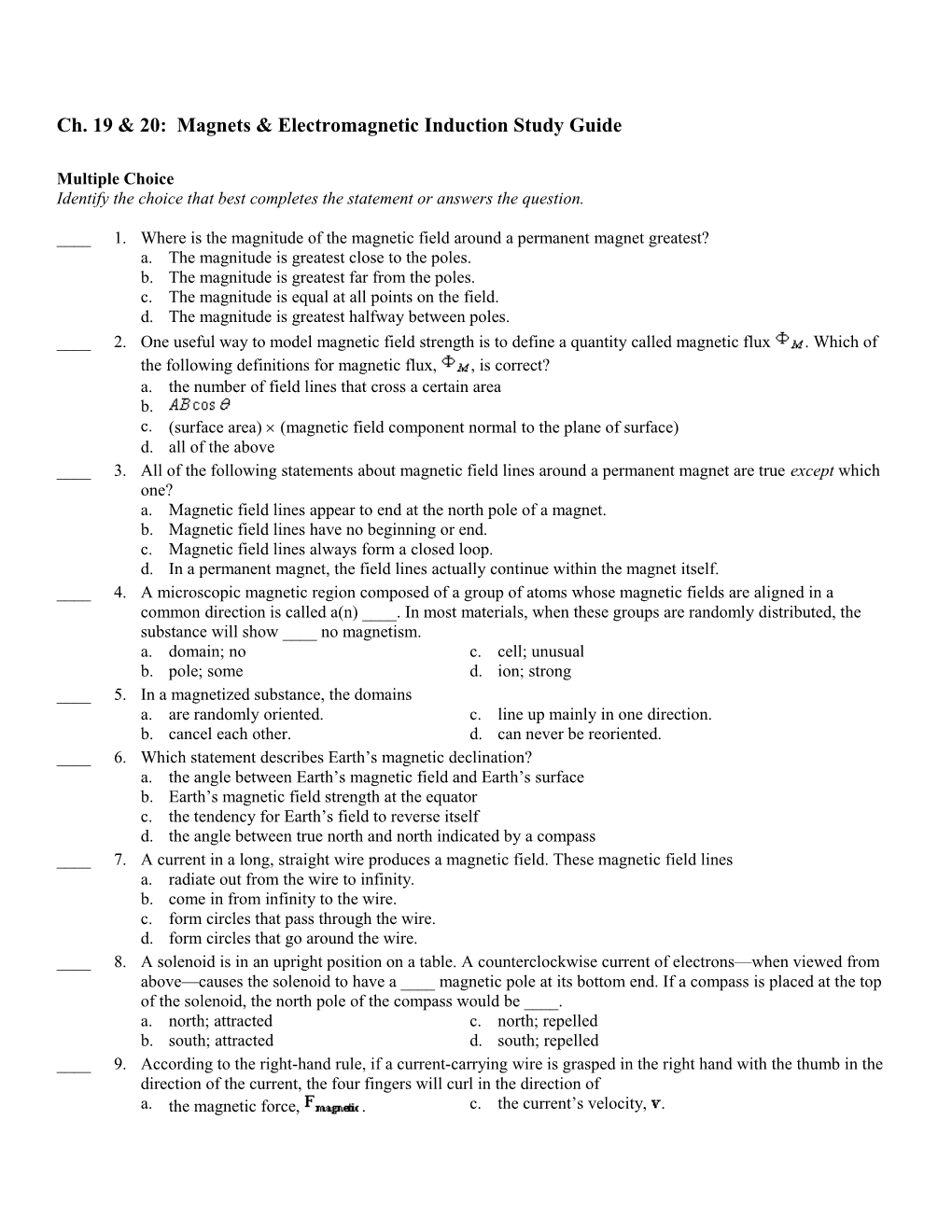 Ch. 19 & 20: Magnets & Electromagnetic Induction Study Guide