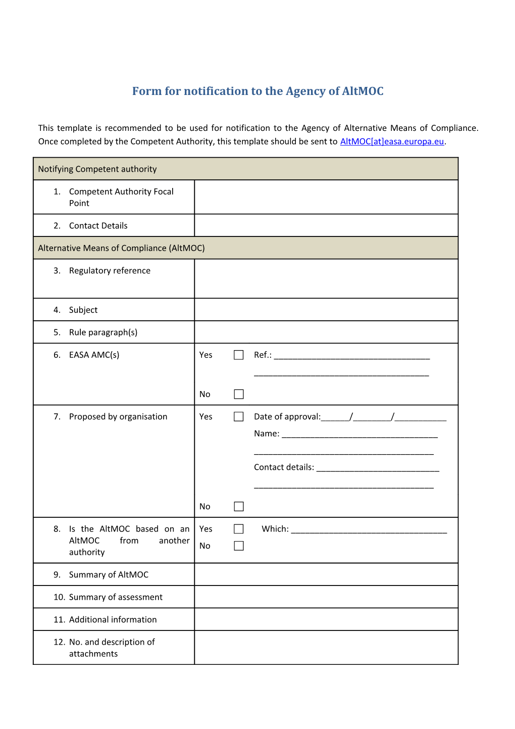 Form for Notification to the Agency of Altmoc