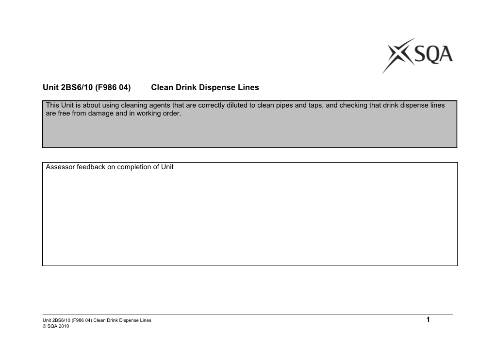 Unit 2BS6/10 (F986 04)Clean Drink Dispense Lines