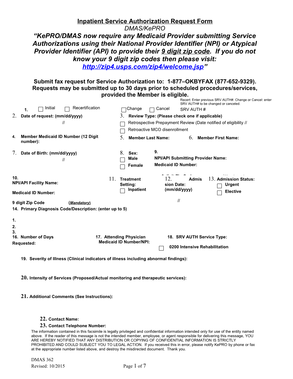 Inpatient Service Authorization Request Form