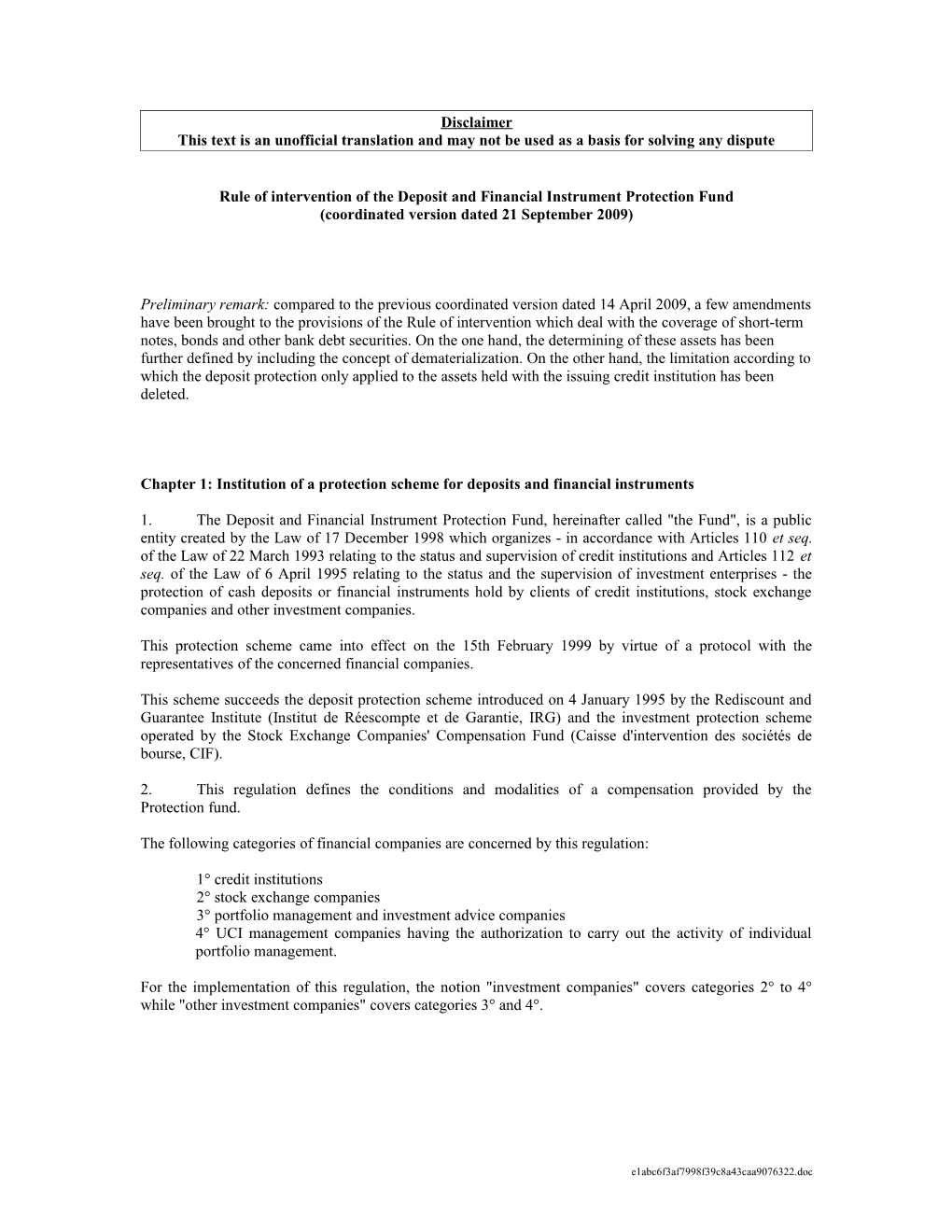 Rule of Intervention of the Deposit and Financial Instrument Protection Fund