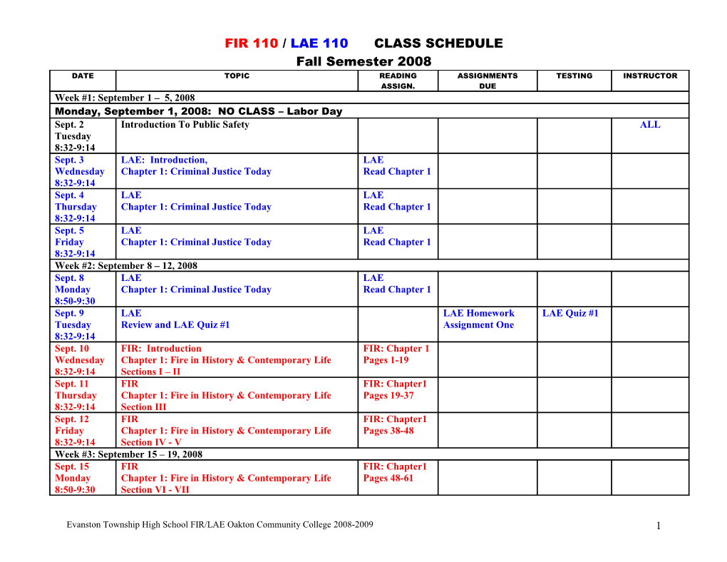Fir 110 / Lae 110 Class Schedule