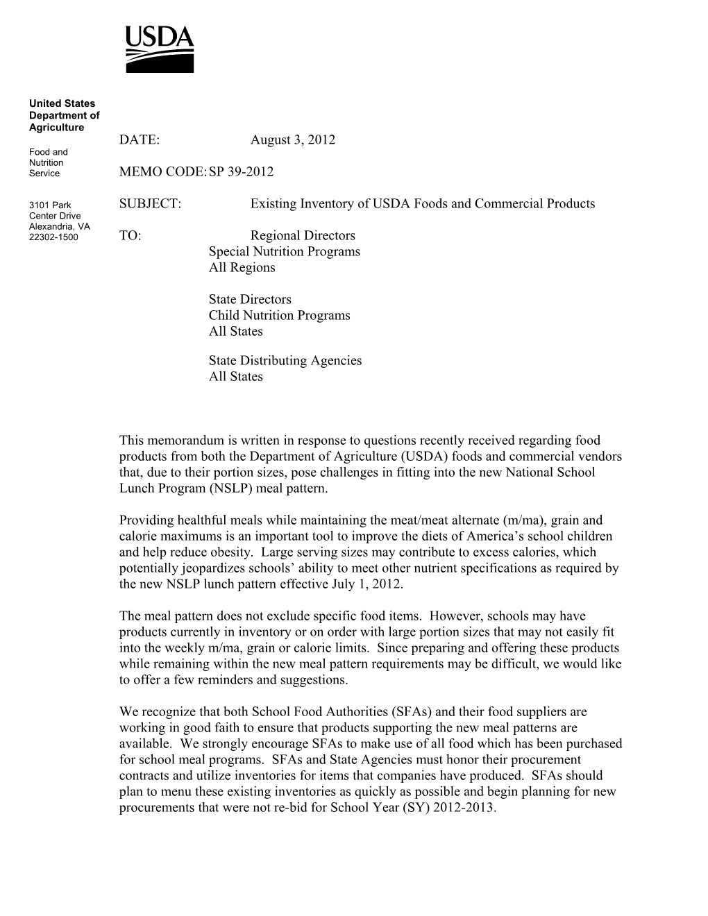 Existing Inventory of USDA Foods and Commercial Products