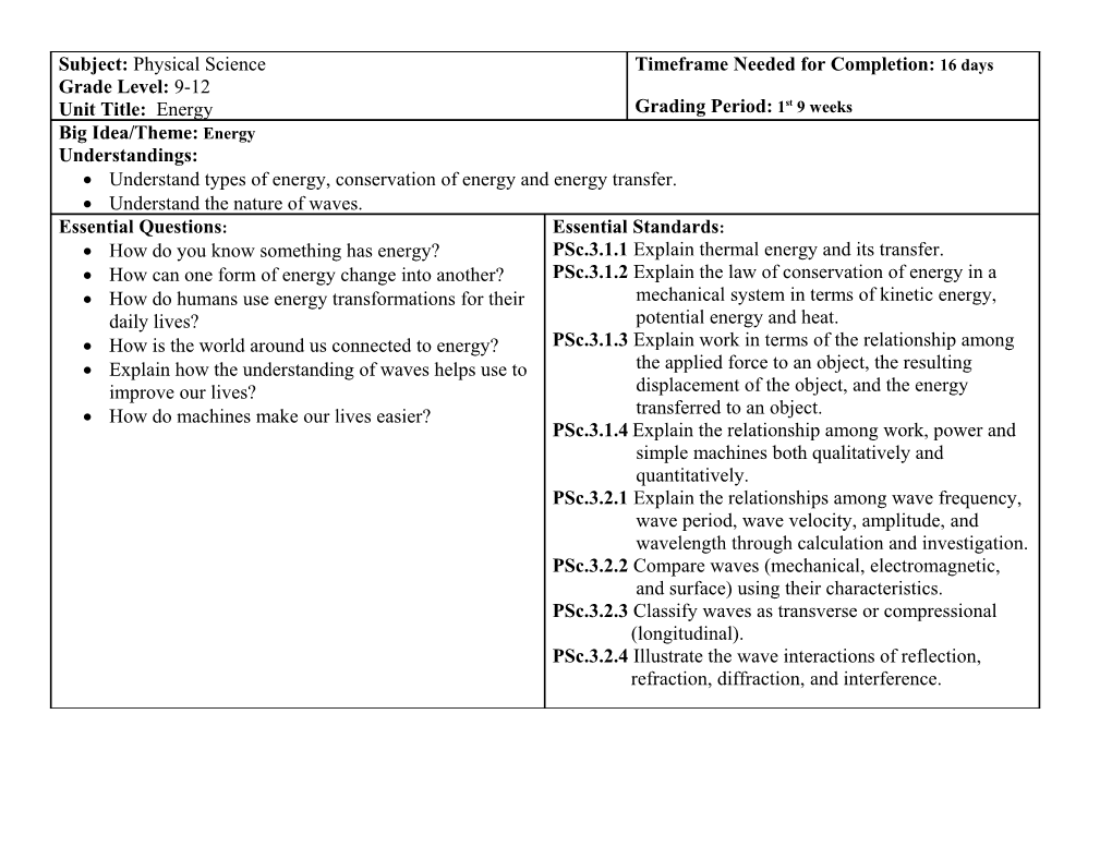 Subject: Physical Science