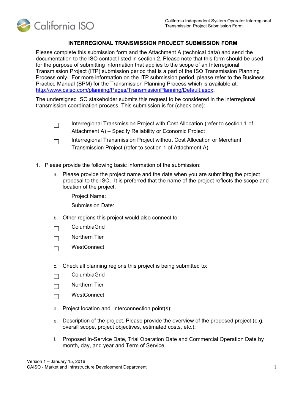Interregional Transmission Project Submission Form