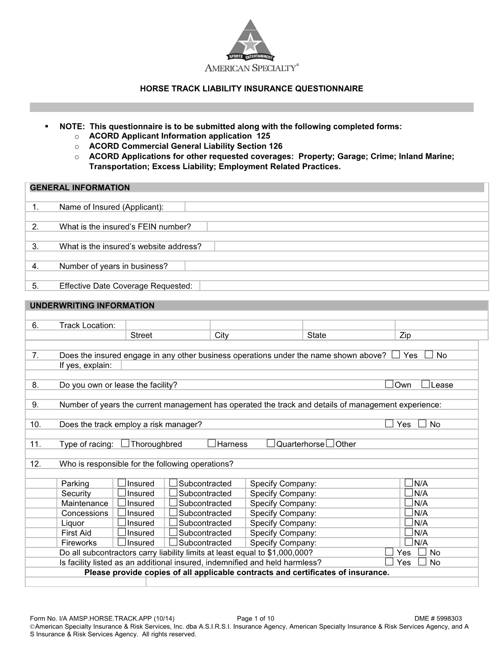 Horse Track Liability Insurance Questionnaire