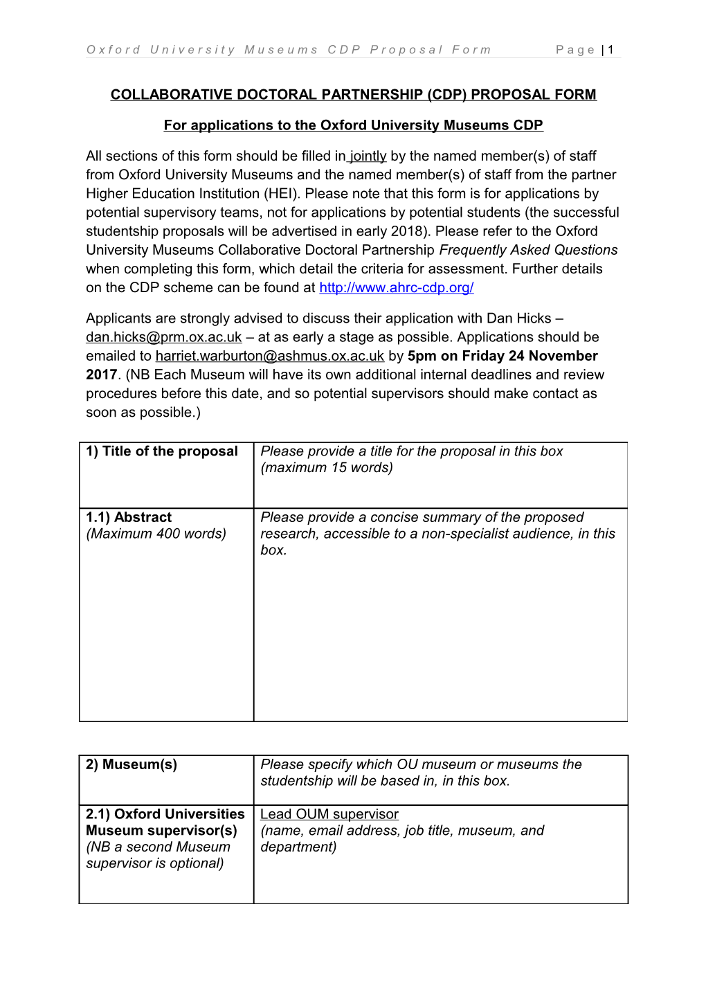 Oxford University Museums CDP Proposal Form Page 1