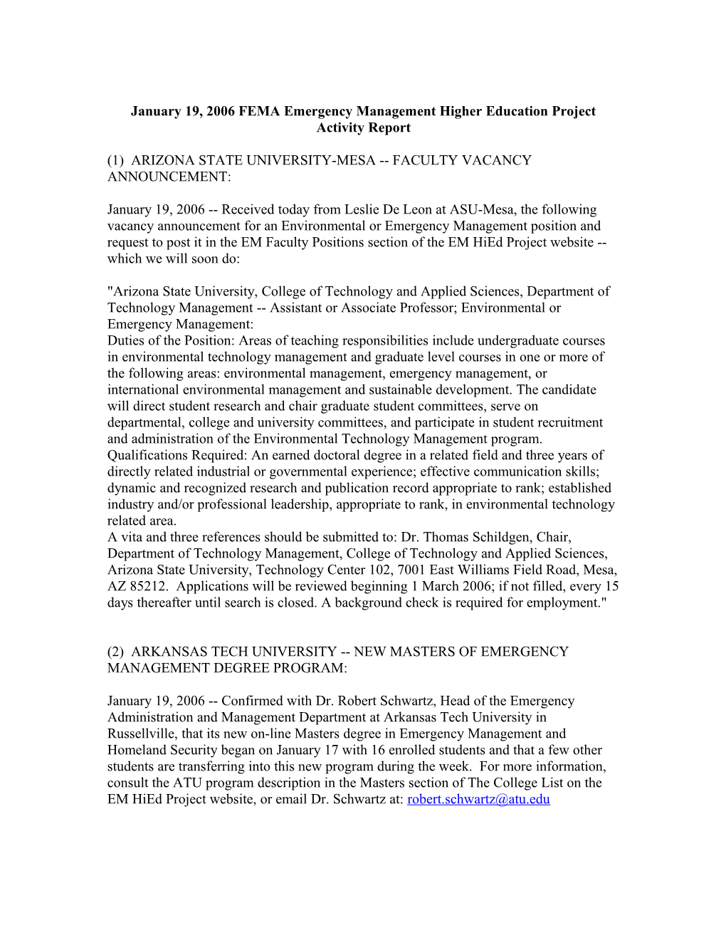 January 19, 2006 FEMA Emergency Management Higher Education Project Activity Report