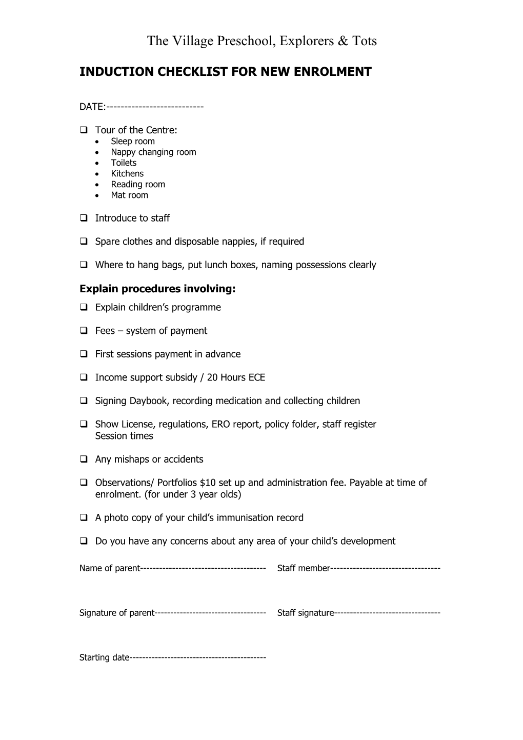 Induction Checklist for New Enrolment