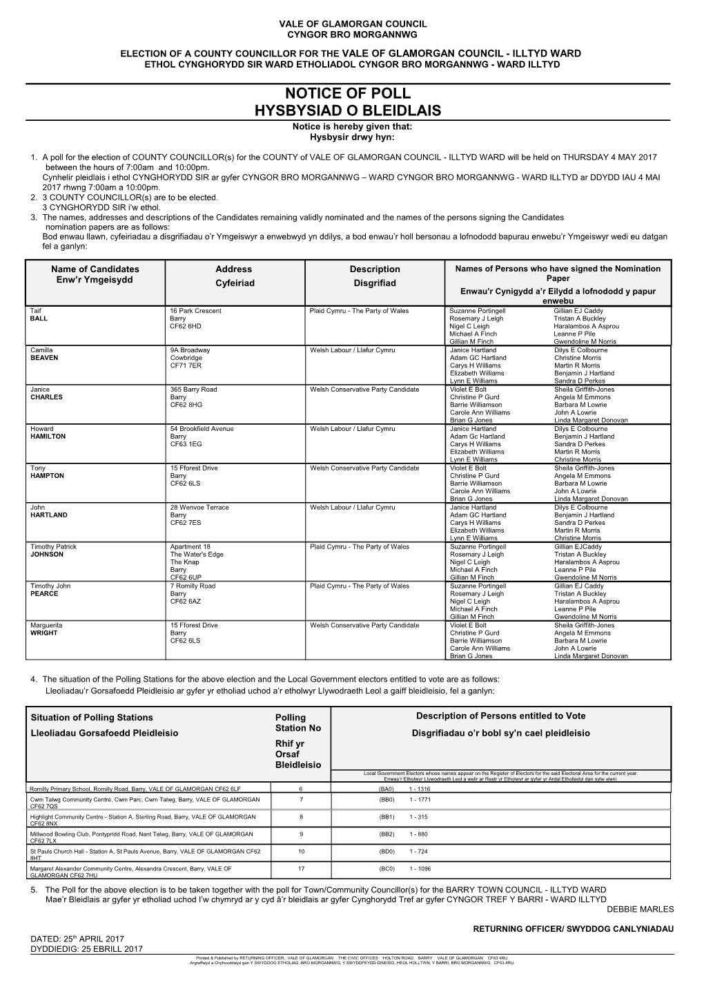 ELECTION of a COUNTY COUNCILLOR for the VALE of GLAMORGAN COUNCIL - ILLTYD WARD