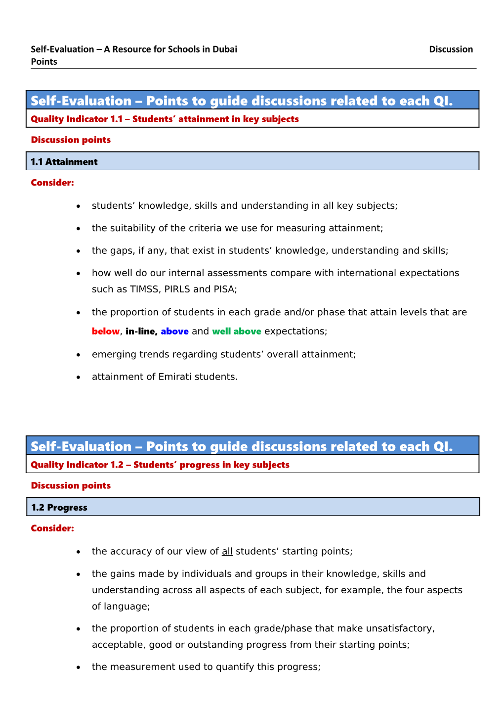 Self-Evaluation a Resource for Schools in Dubai Discussion Points