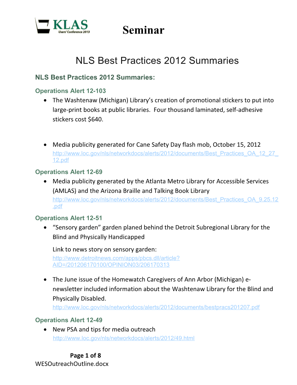 NLS Best Practices 2012 Summaries