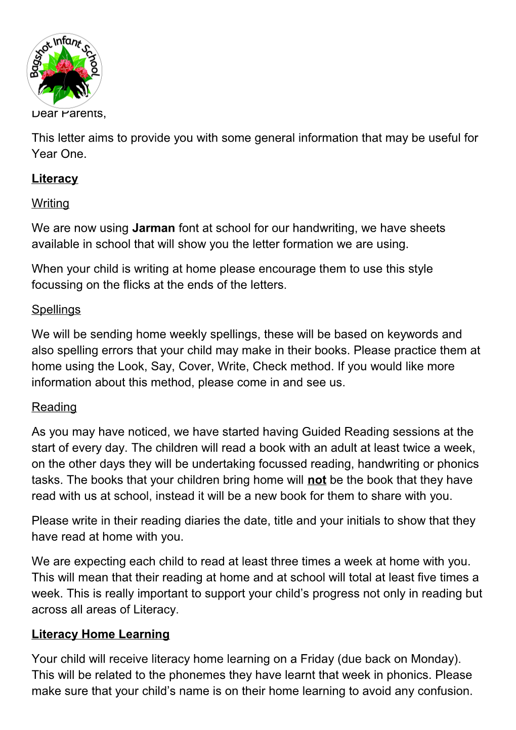 This Letter Aims to Provide You with Some General Information That May Be Useful for Year One