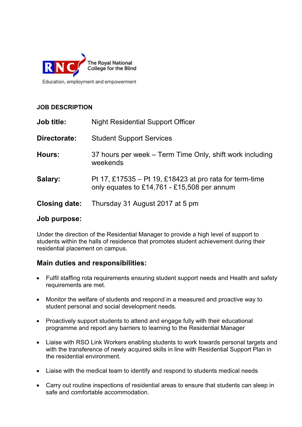 Job Title:Night Residential Support Officer
