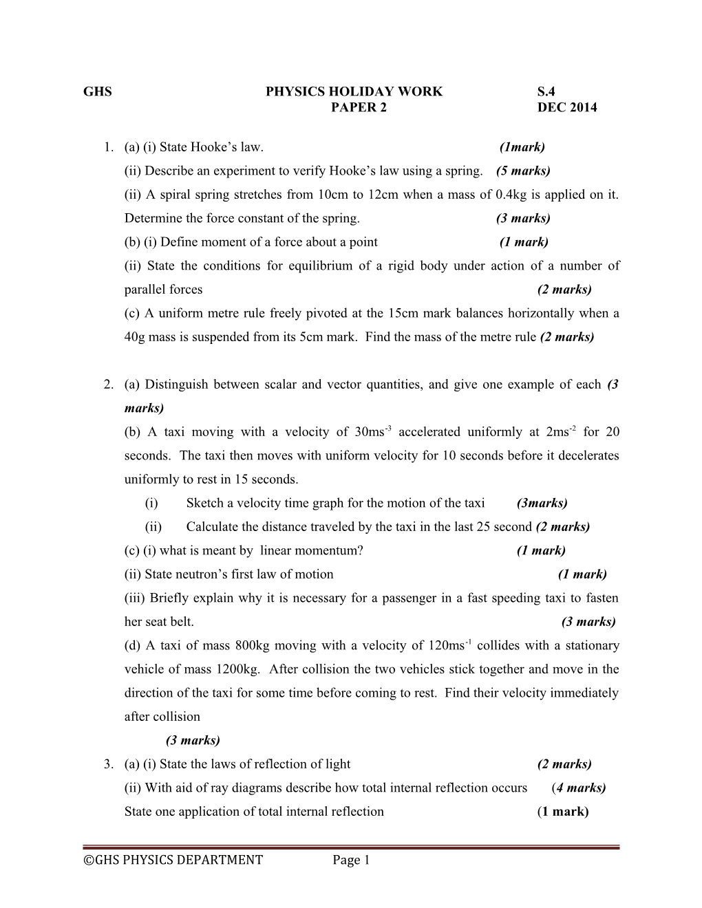 Ghs Physics Holiday Work S.4