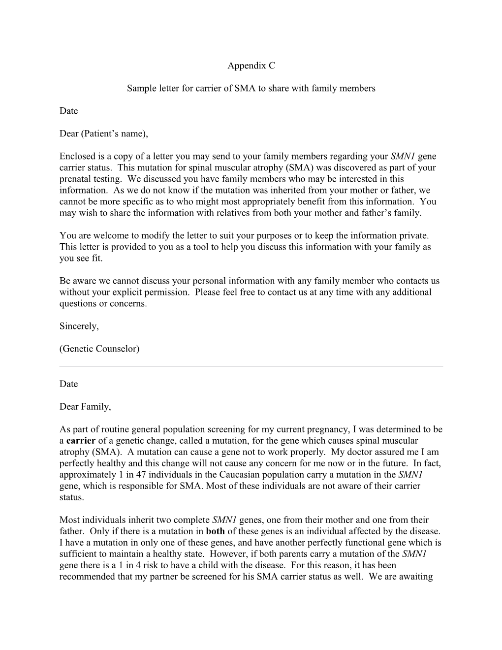 Sample Letter for Carrier of SMA to Share with Family Members