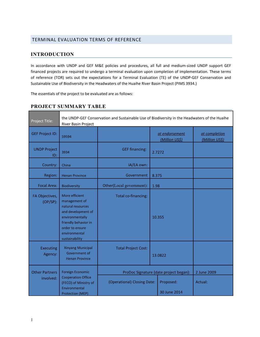 Terminal Evaluation Terms of Reference