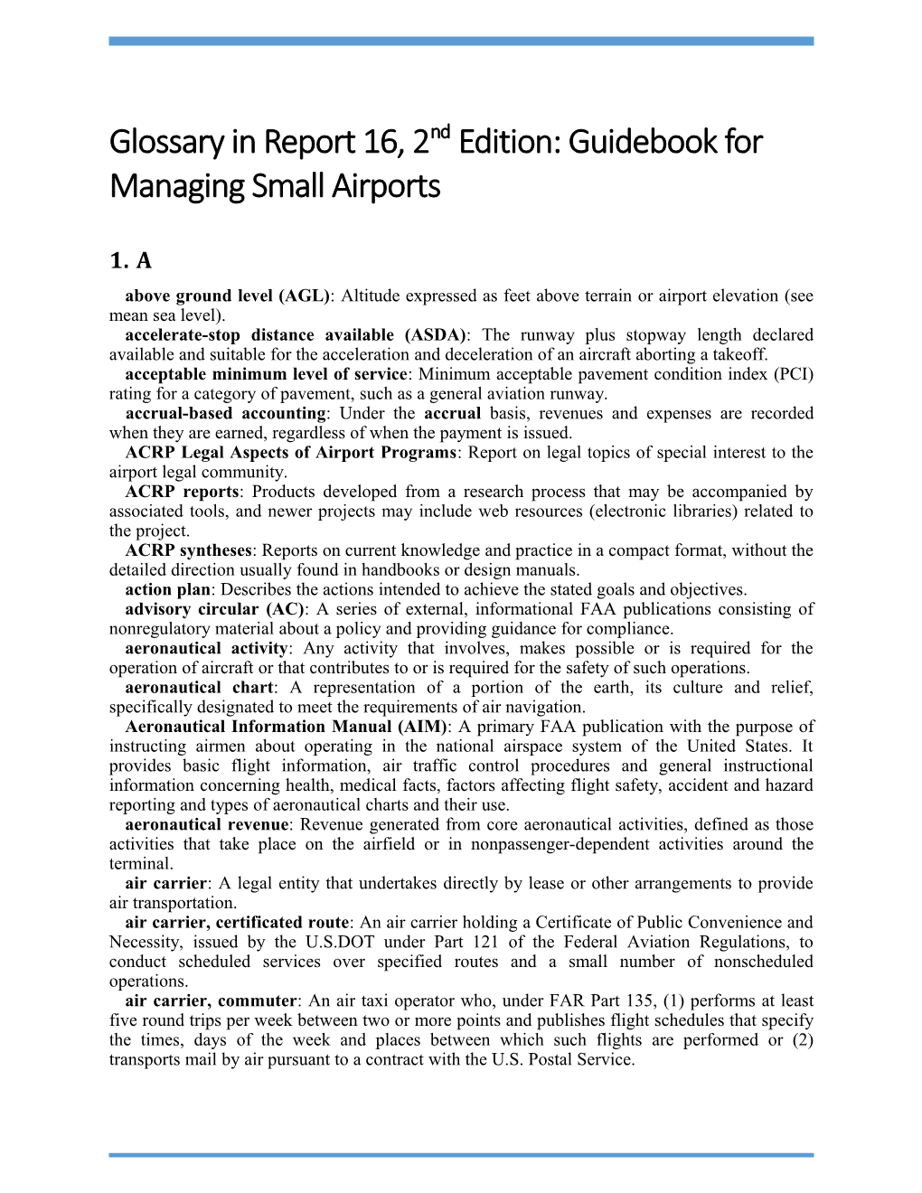 Glossary in Report 16, 2Nd Edition: Guidebook for Managing Small Airports