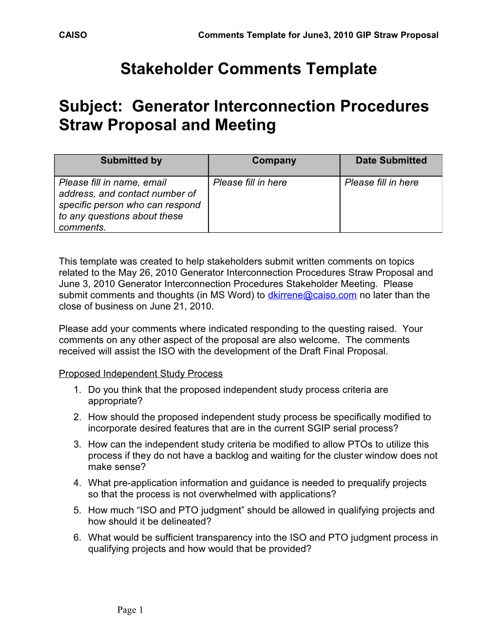 Stakeholder Comments Template for GIP Straw Proposal