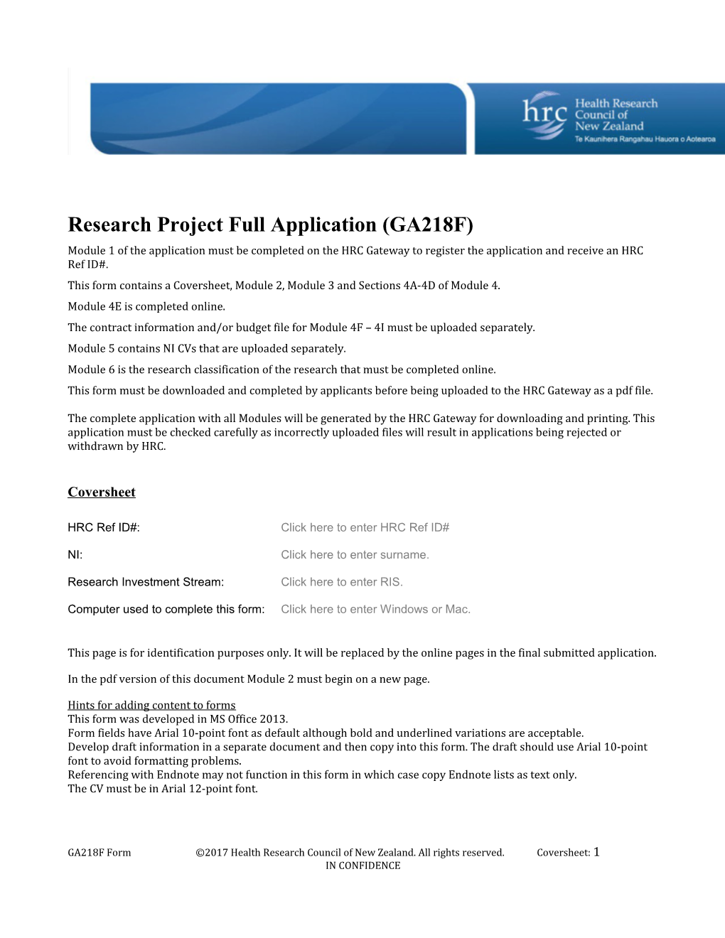 Research Project Full Application (GA218F)