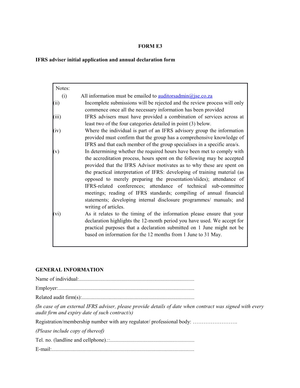 IFRS Adviser Initial Application and Annual Declaration Form