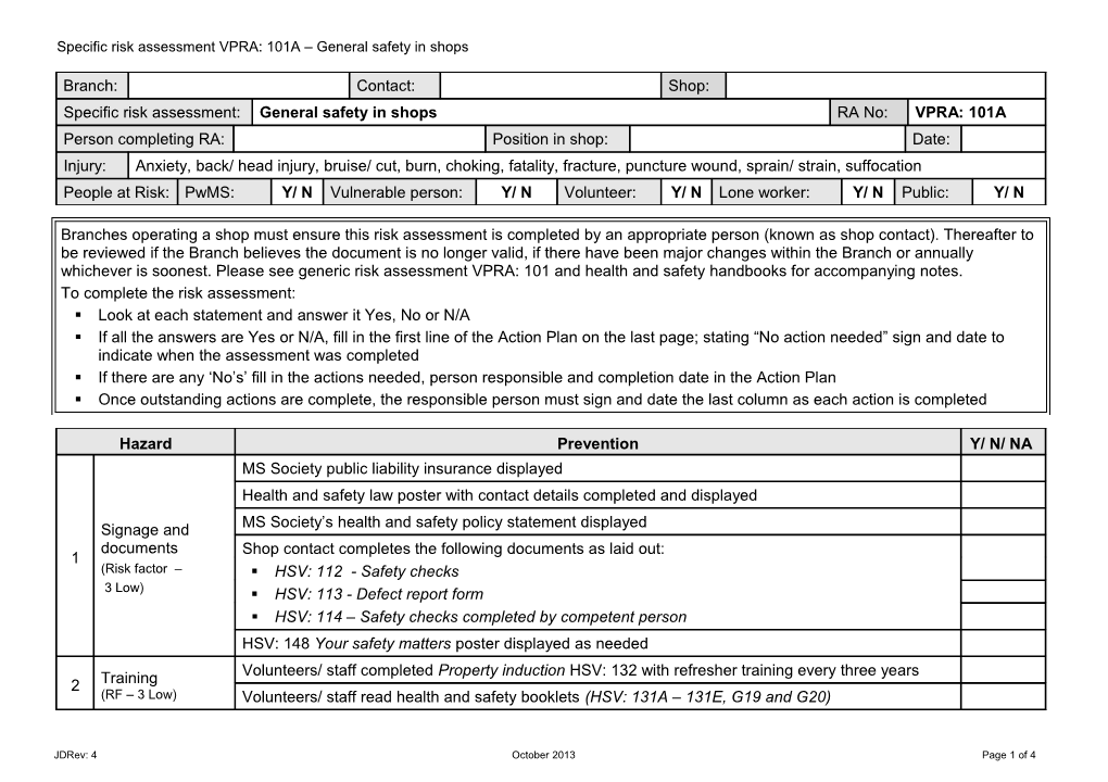 Specific Risk Assessment VPRA: 101A General Safety in Shops