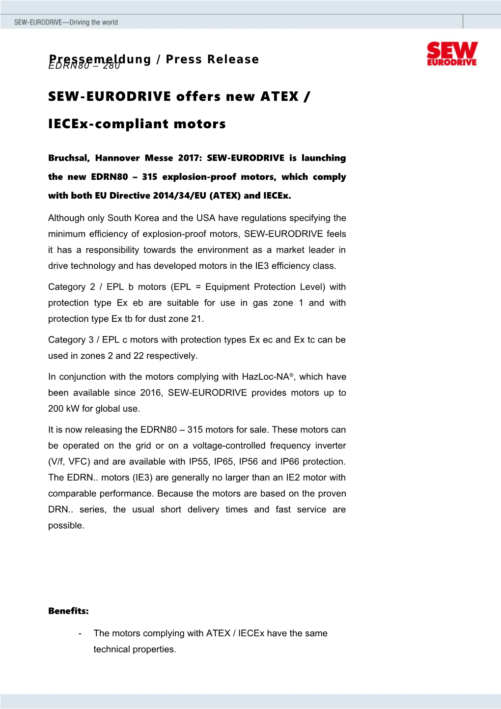 SEW-EURODRIVE Offers New ATEX / Iecex-Compliant Motors