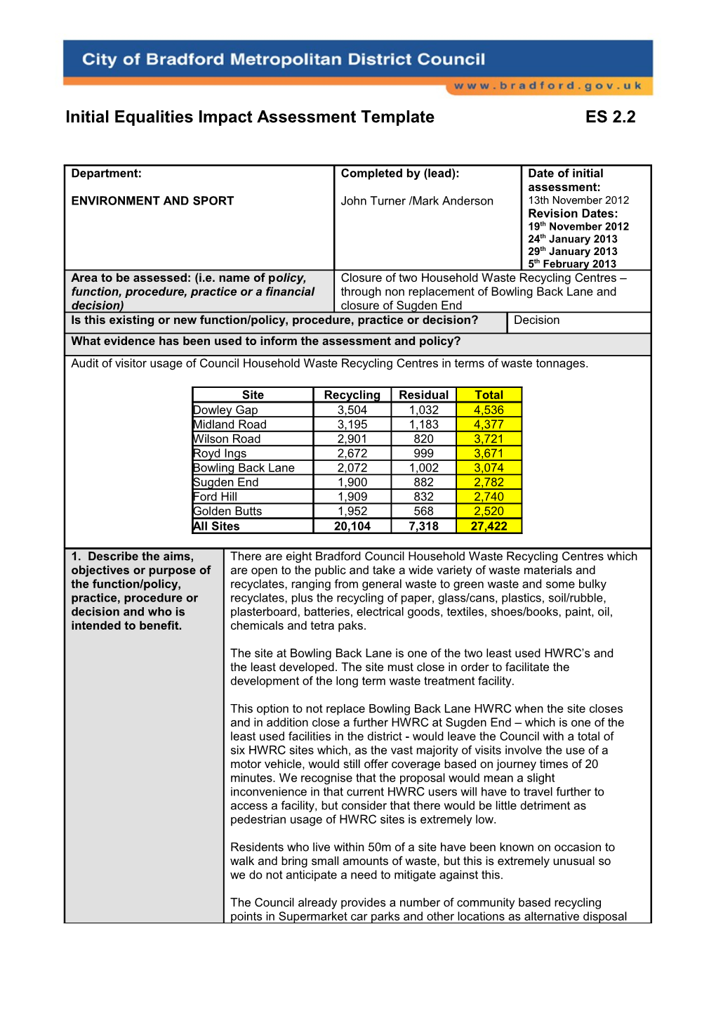 Initial Equalities Impact Assessment Template