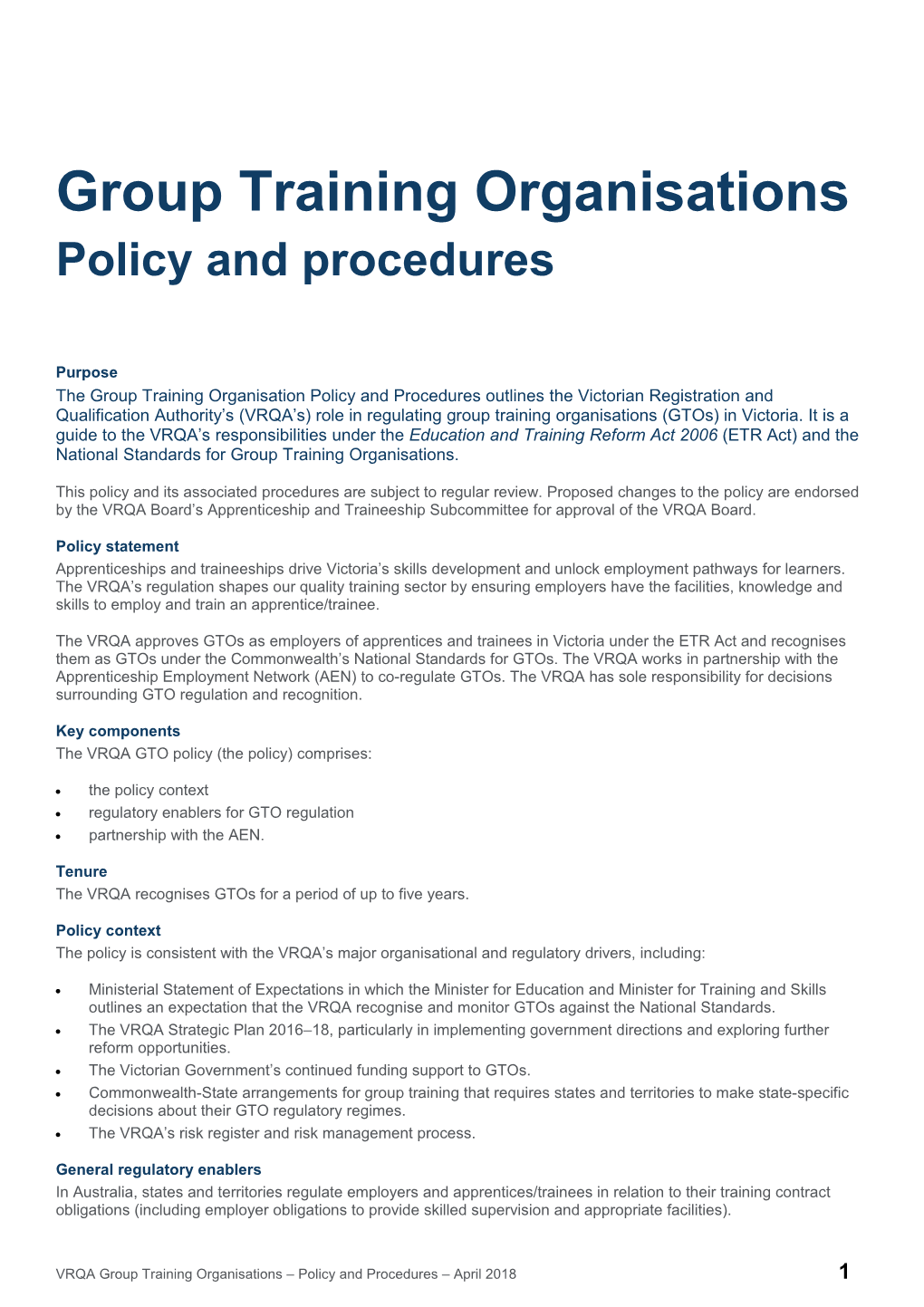 Group Training Organisation (GTO) Policy and Procedures
