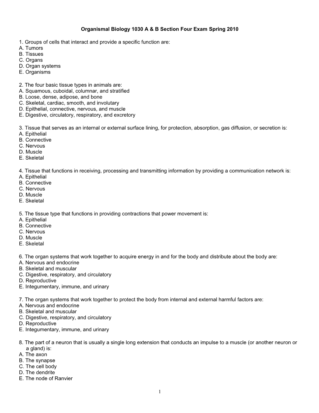 Organismal Biology Section Four Exam