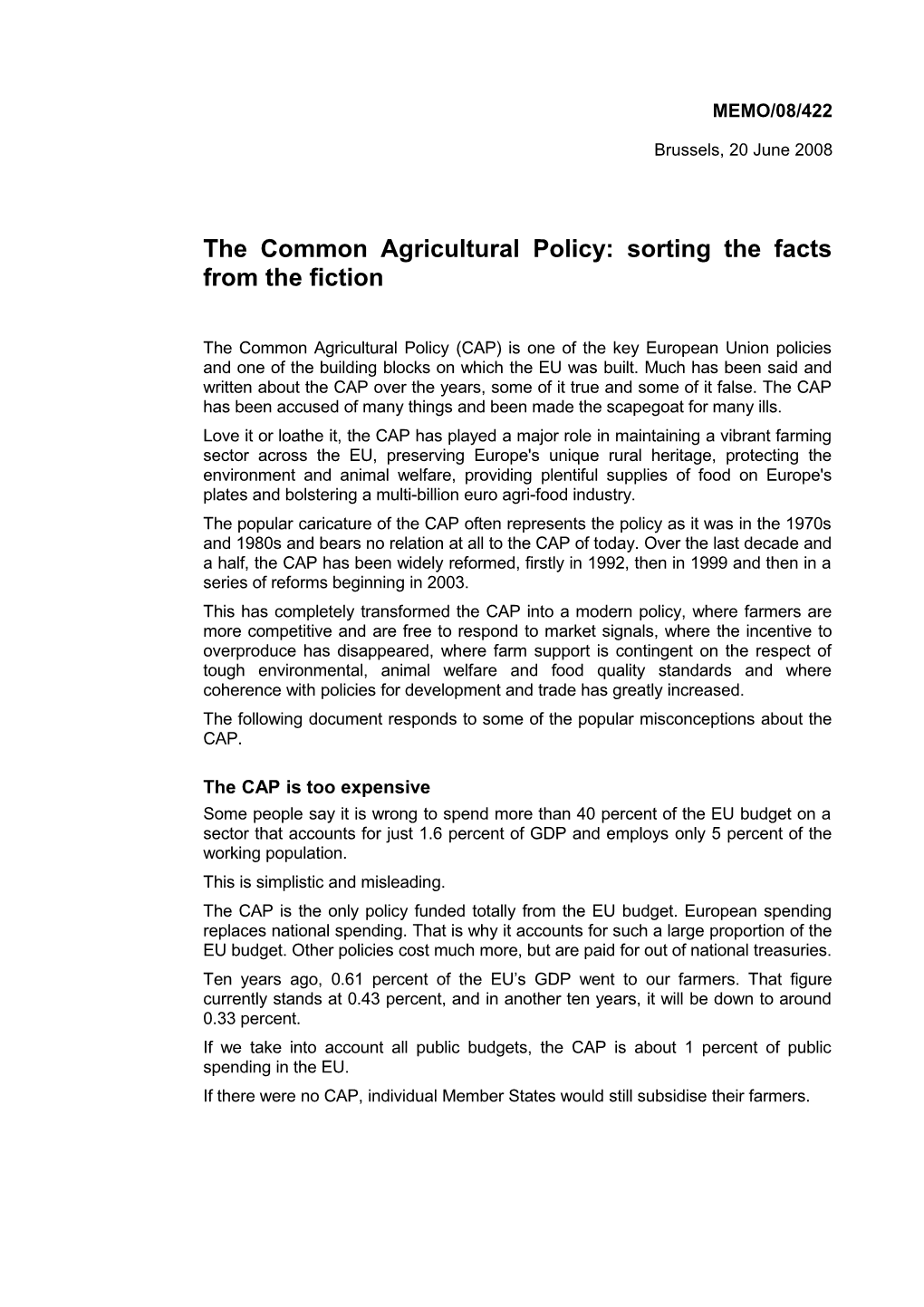 The Common Agricultural Policy: Sorting the Facts from the Fiction