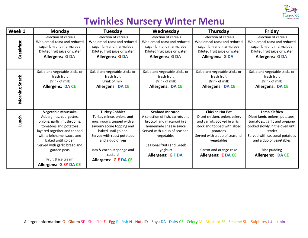 Twinkles Nursery Winter Menu