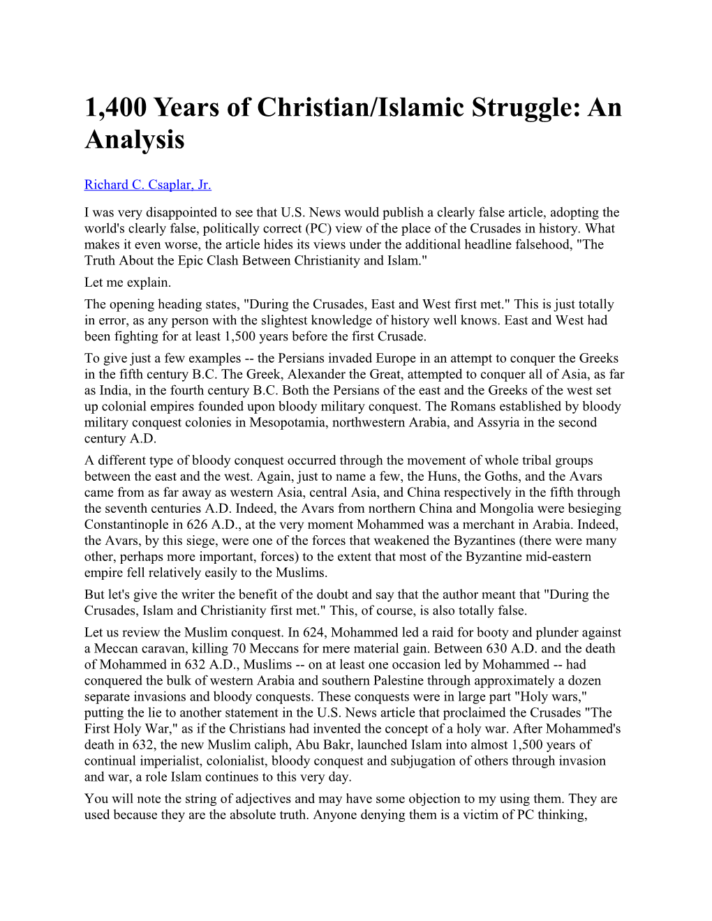 1,400 Years of Christian/Islamic Struggle: an Analysis