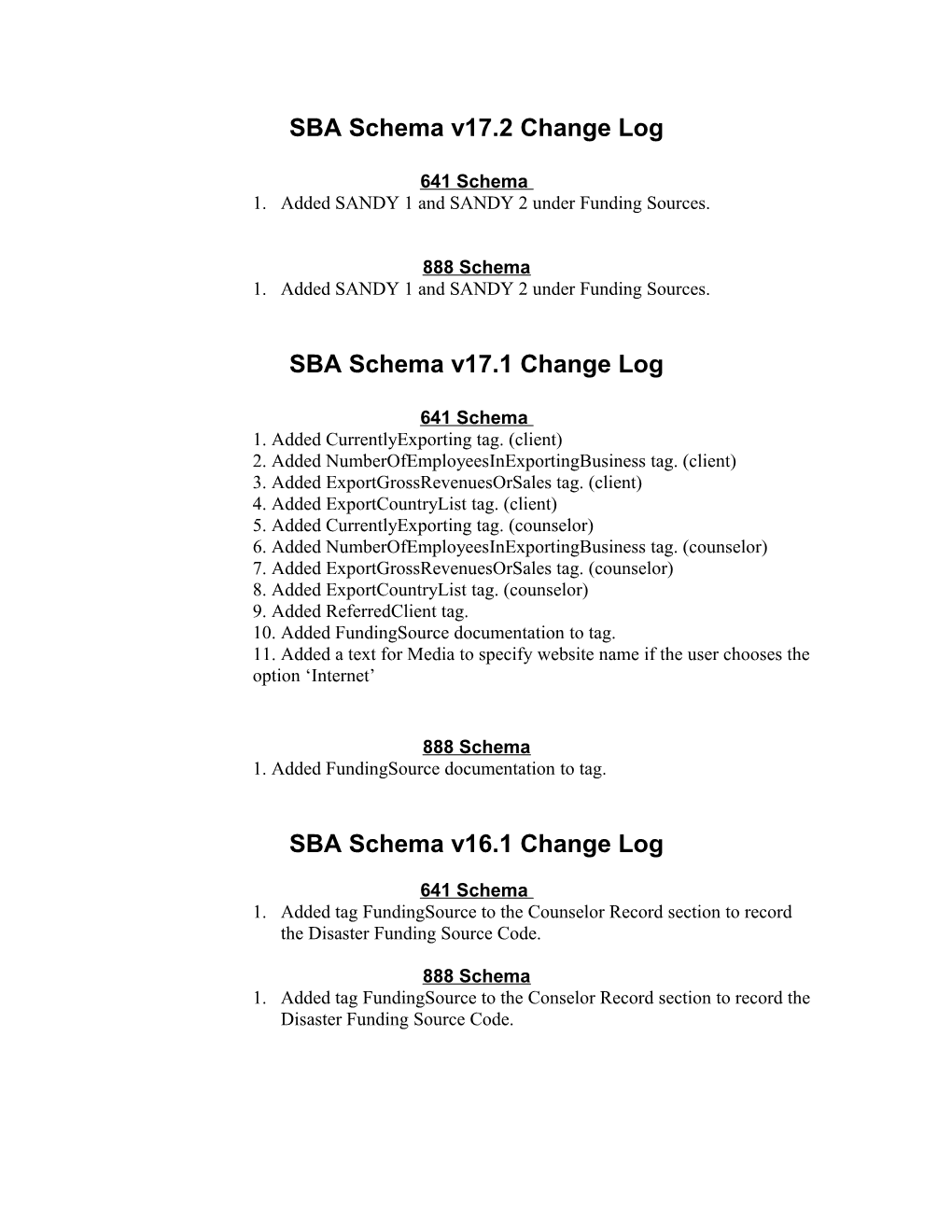 SBA Schema V17.2 Change Log