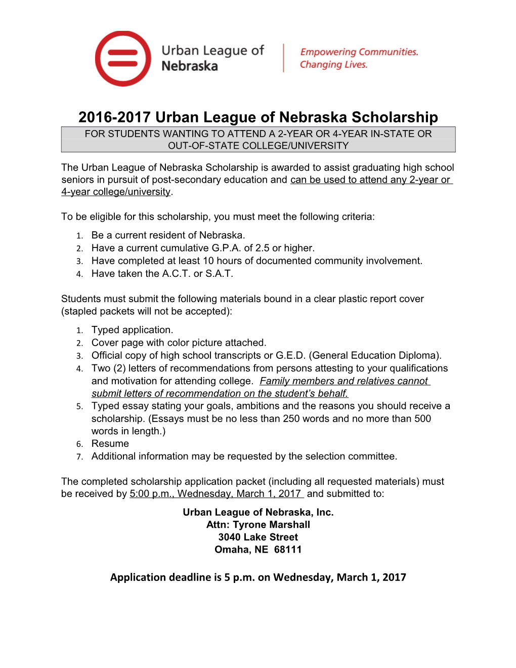 2016-2017Urban League of Nebraska Scholarship