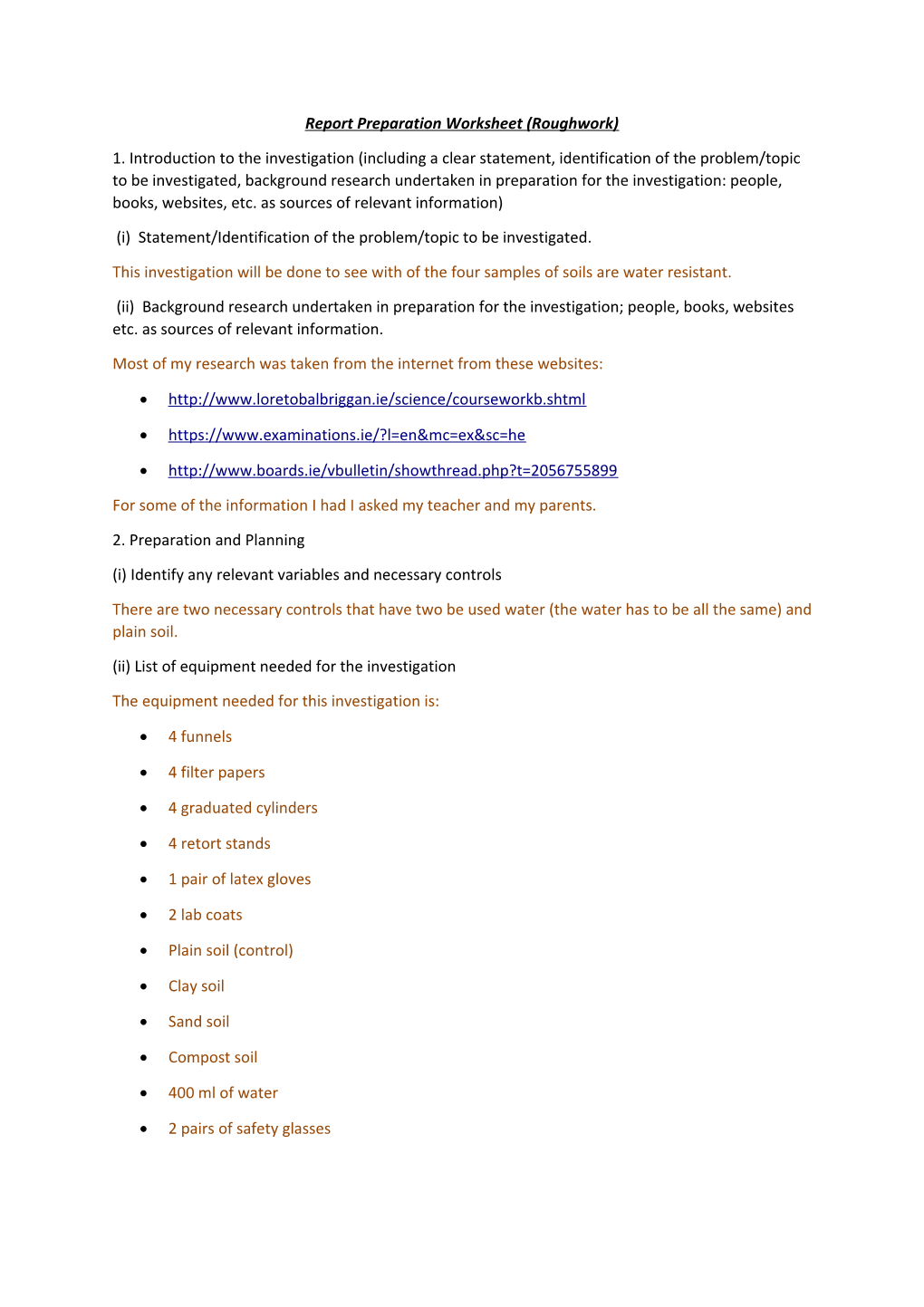 Report Preparation Worksheet (Roughwork)