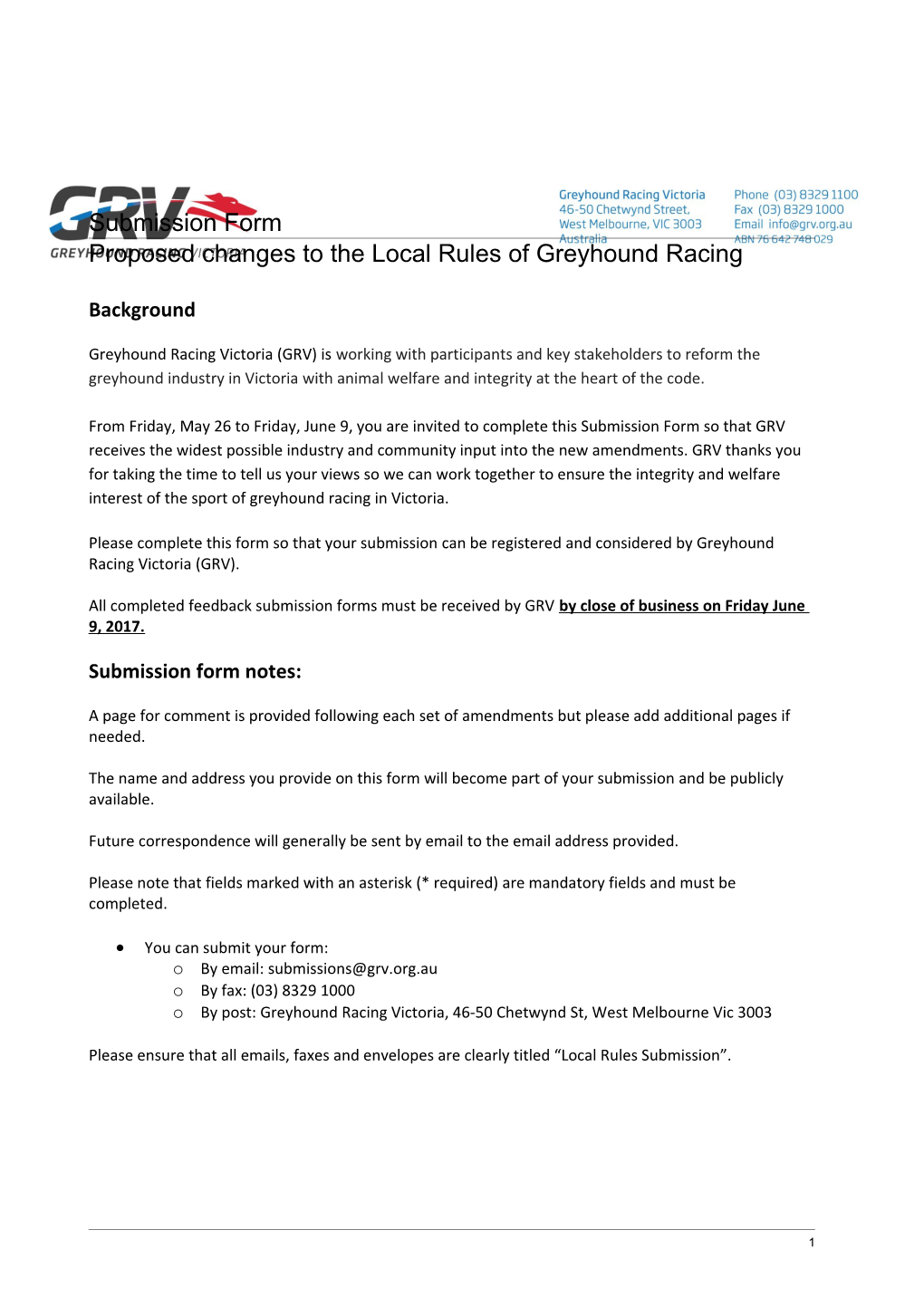 Proposed Changes to the Local Rules of Greyhound Racing