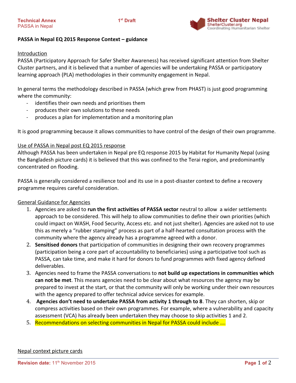 PASSA in Nepal EQ 2015 Response Context Guidance