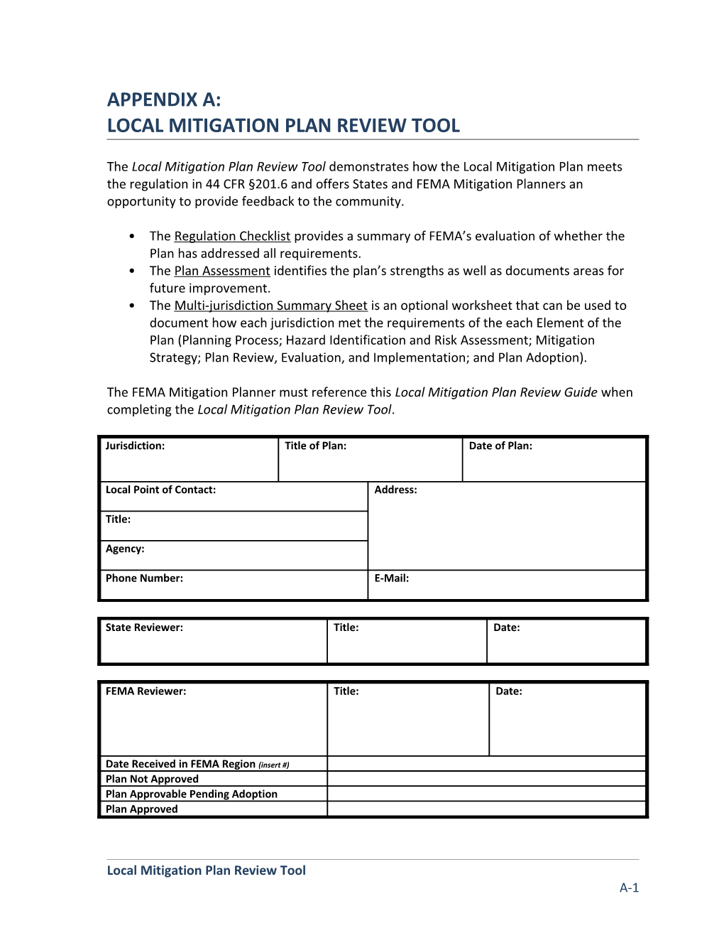 Local Mitigation Plan Review Tool - Appendix A