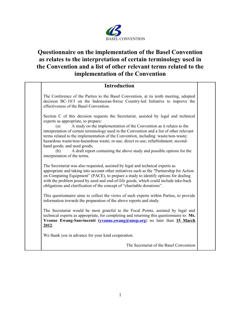Questionnaire on the Implementation of the Basel Convention As It Relates to the Interpretation