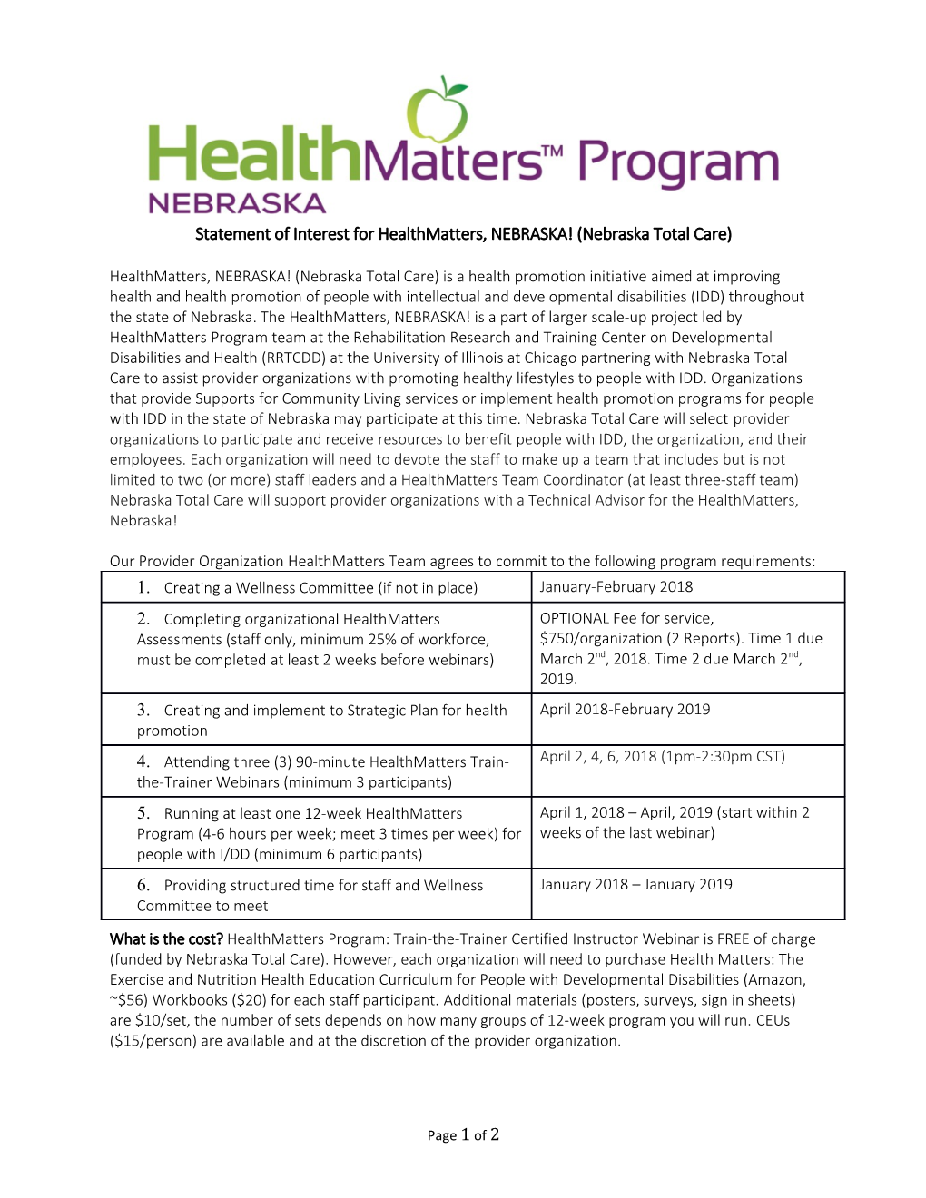 Statement of Interest for Healthmatters, NEBRASKA! (Nebraska Total Care)