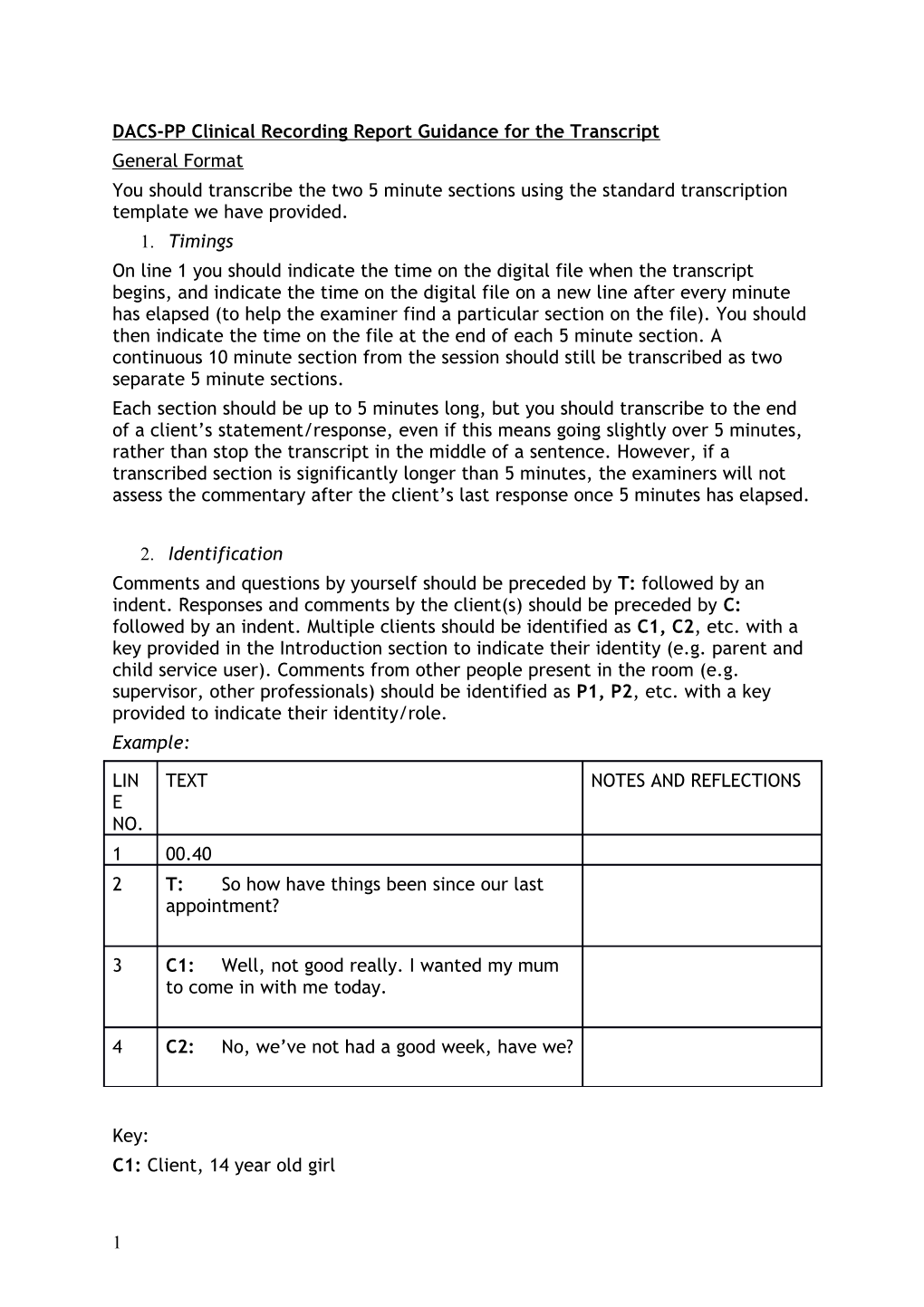 DACS-PP Clinical Recording Report Guidance for the Transcript