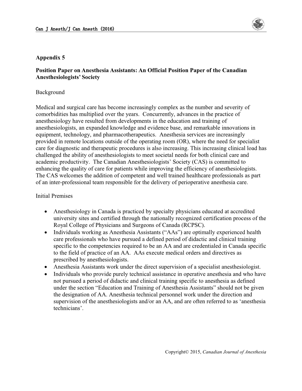 Position Paper on Anesthesia Assistants