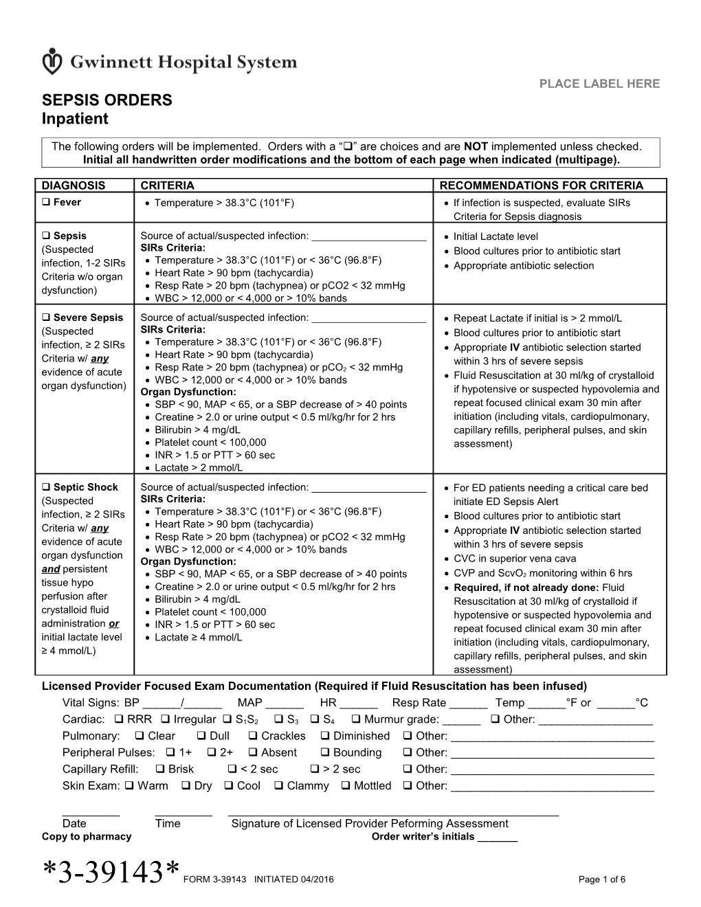 Sepsis Orders Inpatient