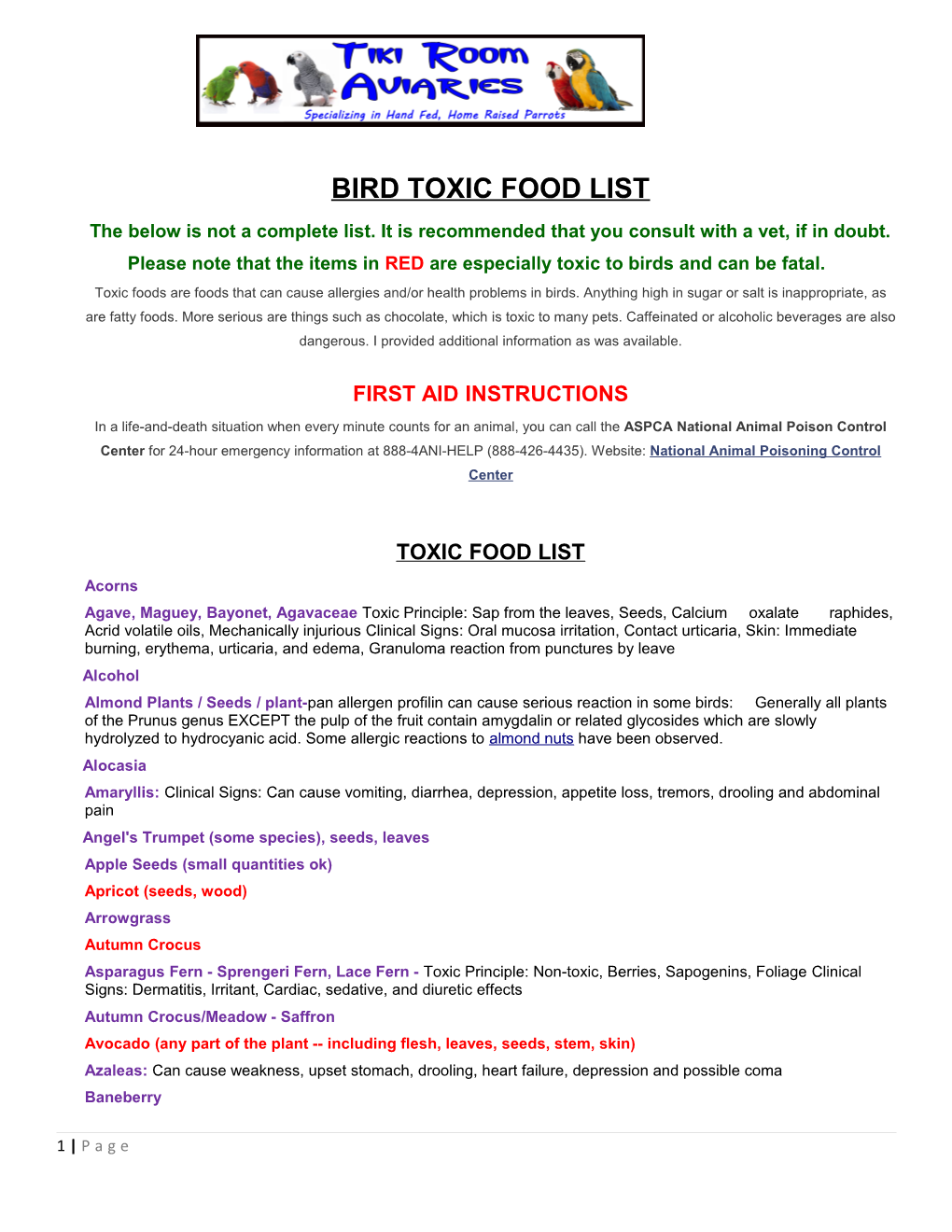 Bird Toxic Food List