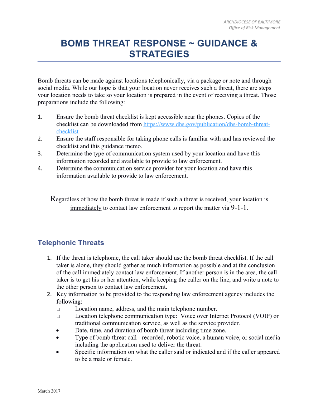 Bomb Threat Response Guidance & Strategies